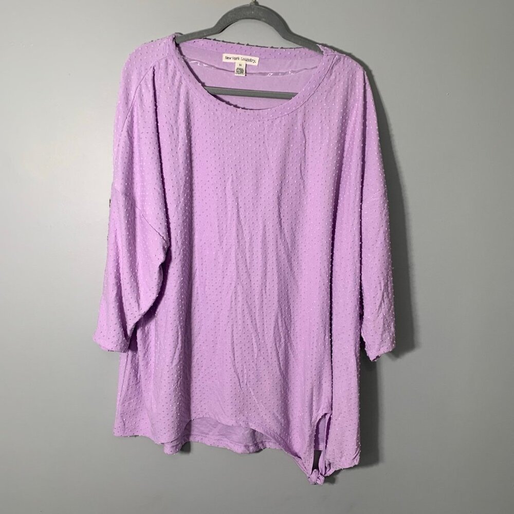 NEW New York Laundry Top Women 3X Purple‎ Swiss Dot Button Sleeve Side Tie